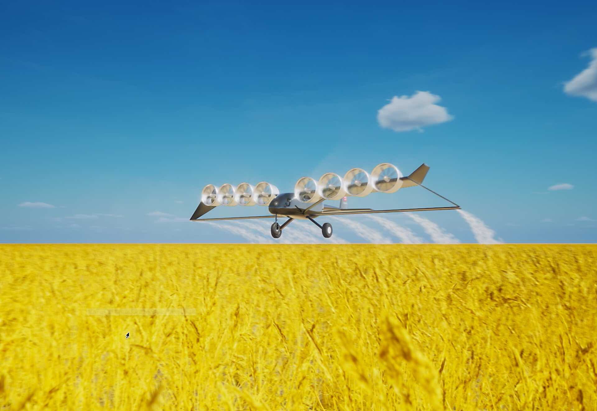 Edison Aerospace Heavy 1 electric agricultural aircraft in flight, yellow and blue livery